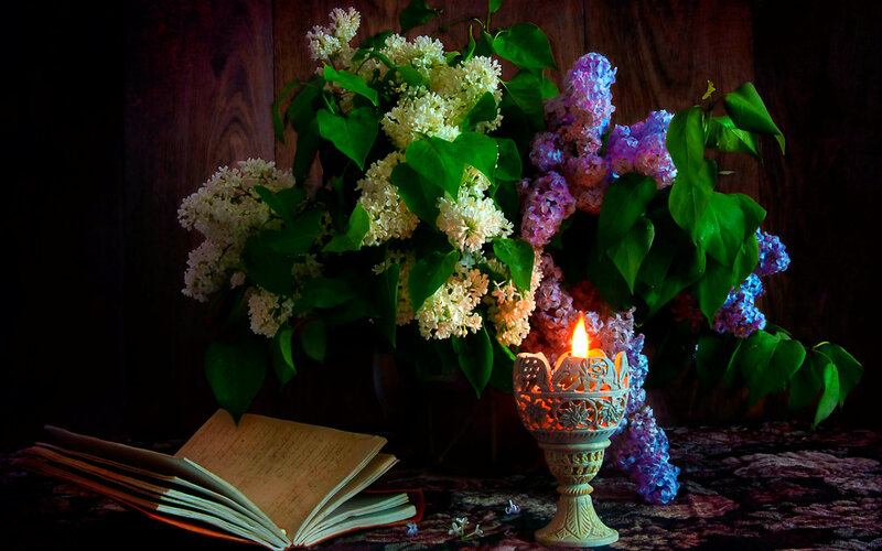 Lilac Bouquet with Candle — Purple