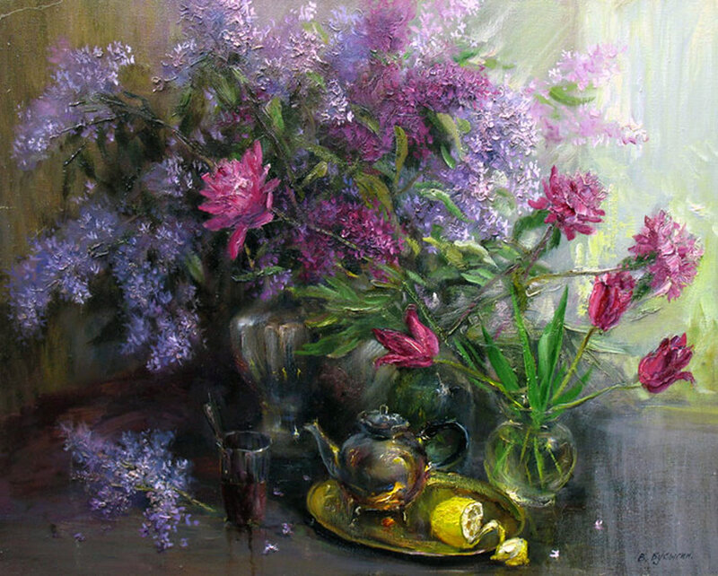 Lilac Bouquet with Teapot
