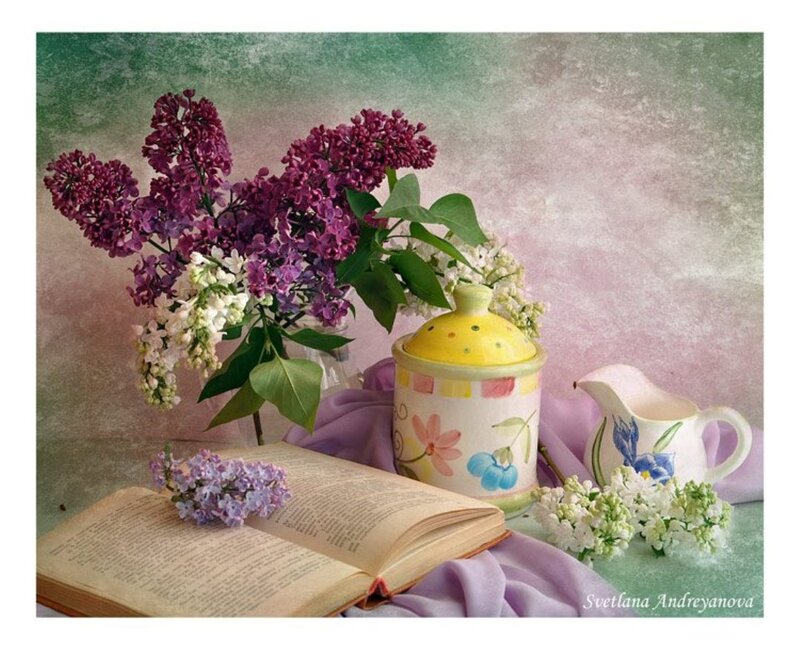 Lilac Flowers and Book