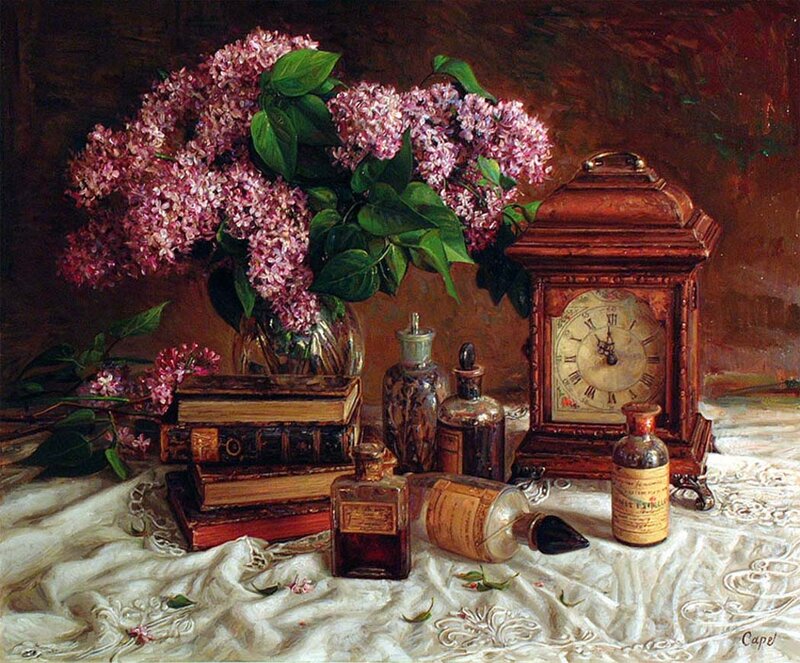 Lilac Flowers and Clock