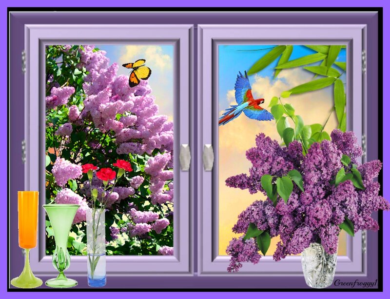 Lilac Flowers and Parrot