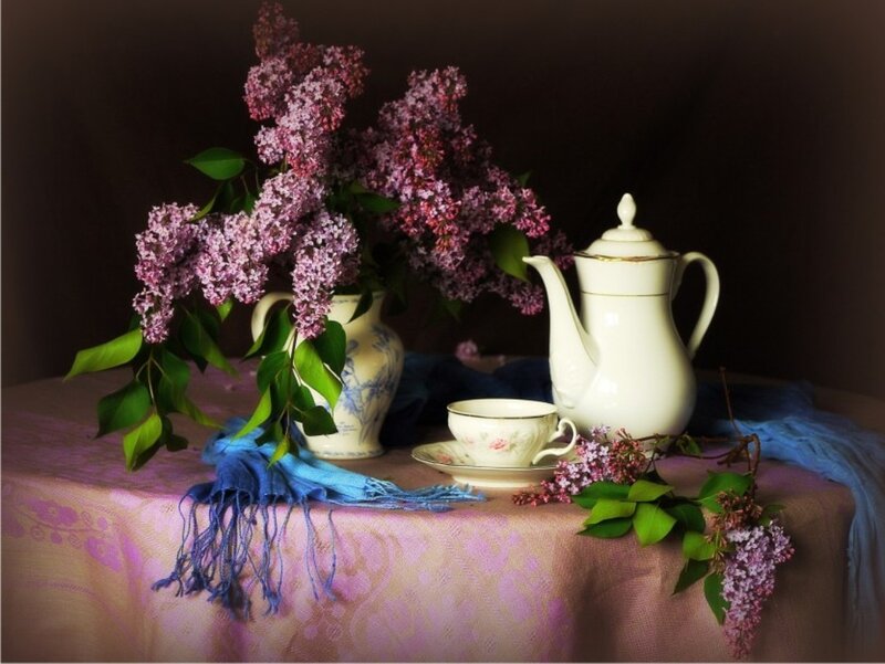 Lilac Flowers and Tea Set