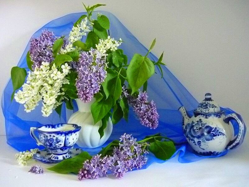 Lilac Flowers and Teapot