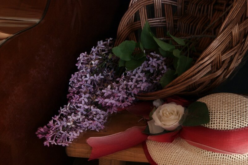 Lilac Flowers in Basket — Purple, Calm, Photograph