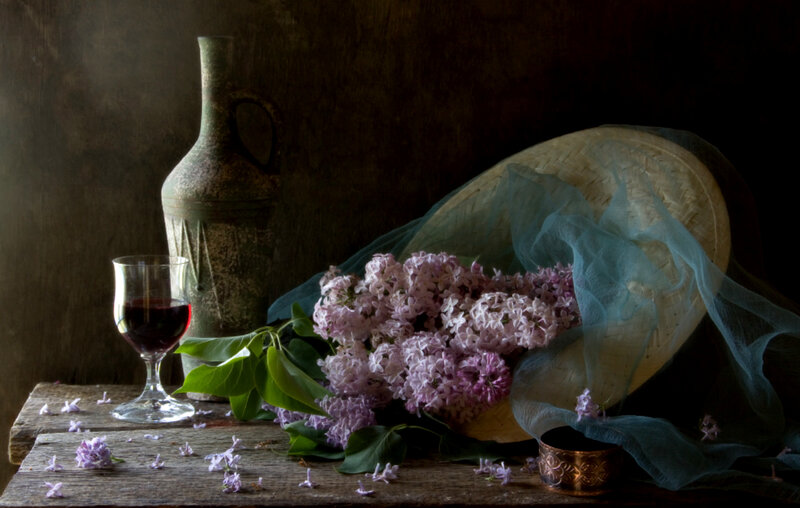 Lilac Flowers in Basket — Purple, Dramatic, Photograph