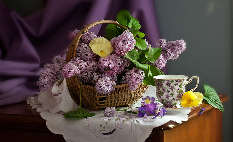 Lilac Flowers in Basket — Purple, Serene, Photograph