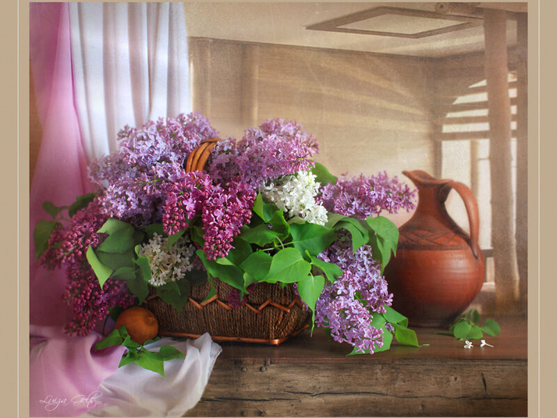 Lilac Flowers in Basket — Purple, Serene, Spring, Painting