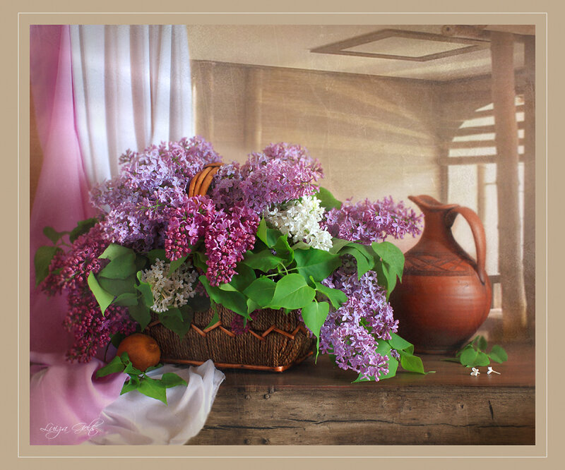 Lilac Flowers in Basket — Purple, Serene, Spring, Photograph, Pitcher