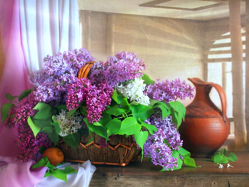 Lilac Flowers in Basket — Purple, Serene, Spring, Photograph