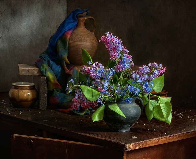 Lilac Flowers in Vase — Brown, Dramatic