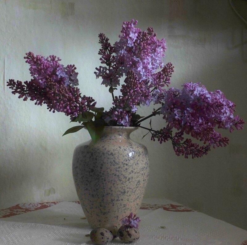 Lilac Flowers in Vase — Purple, Serene, Spring, Photograph, Eggs