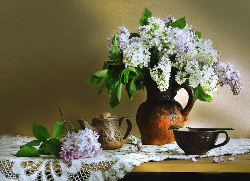 Lilac Flowers in Vase — White