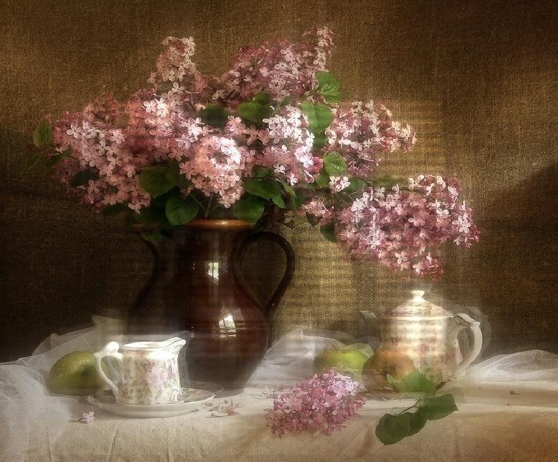 Lilac still life with tea set