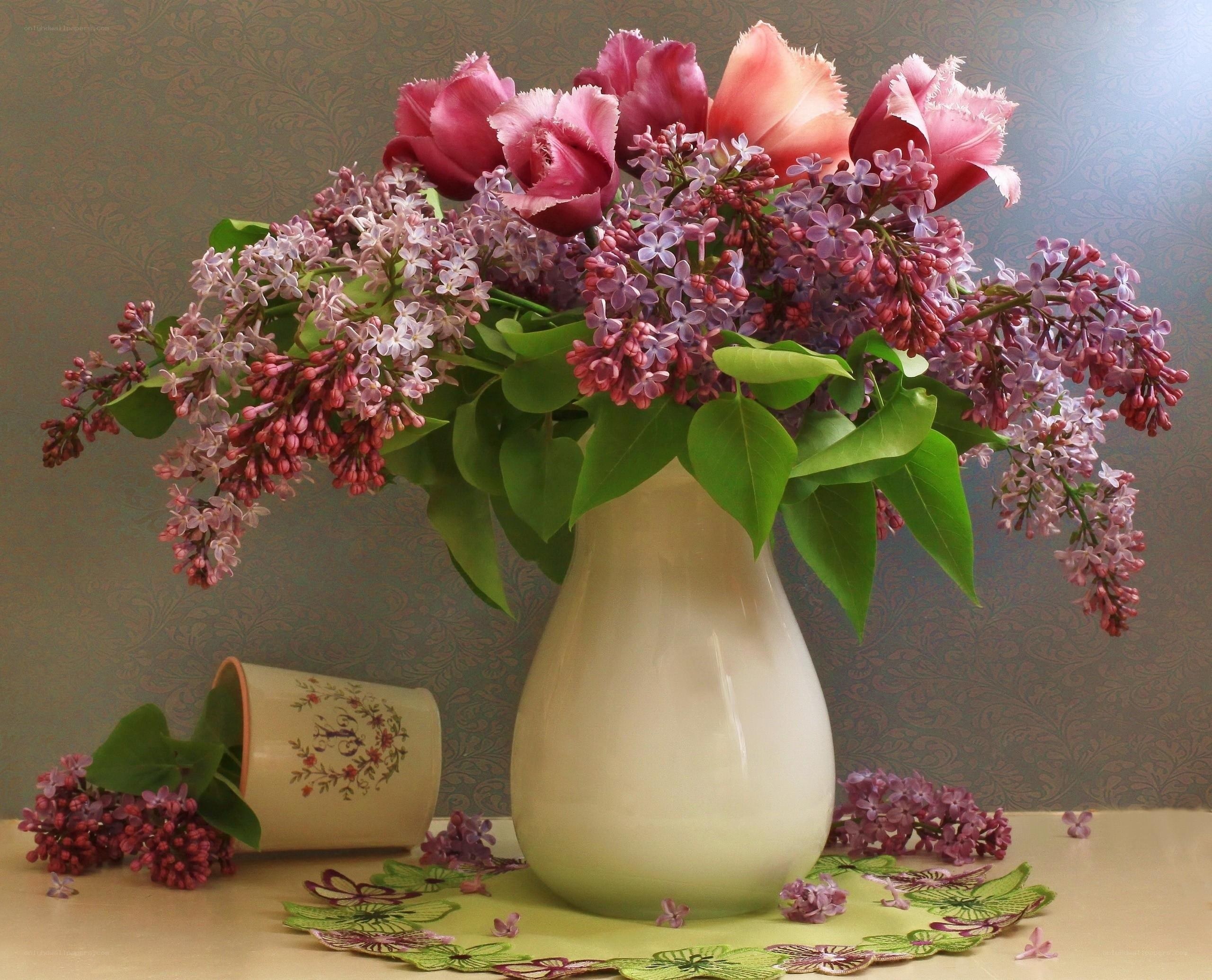 Lilacs and tulips in a vase