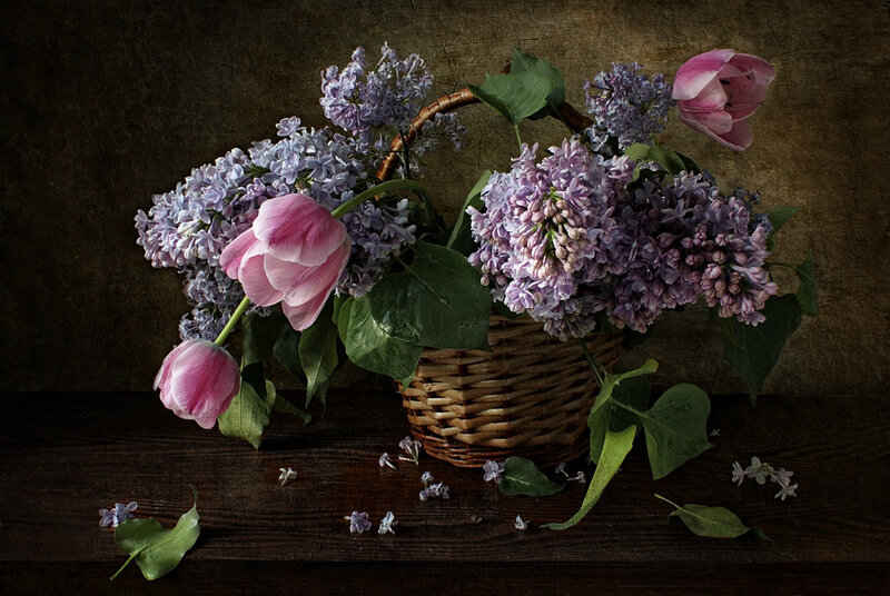 Lilacs and Tulips in Basket