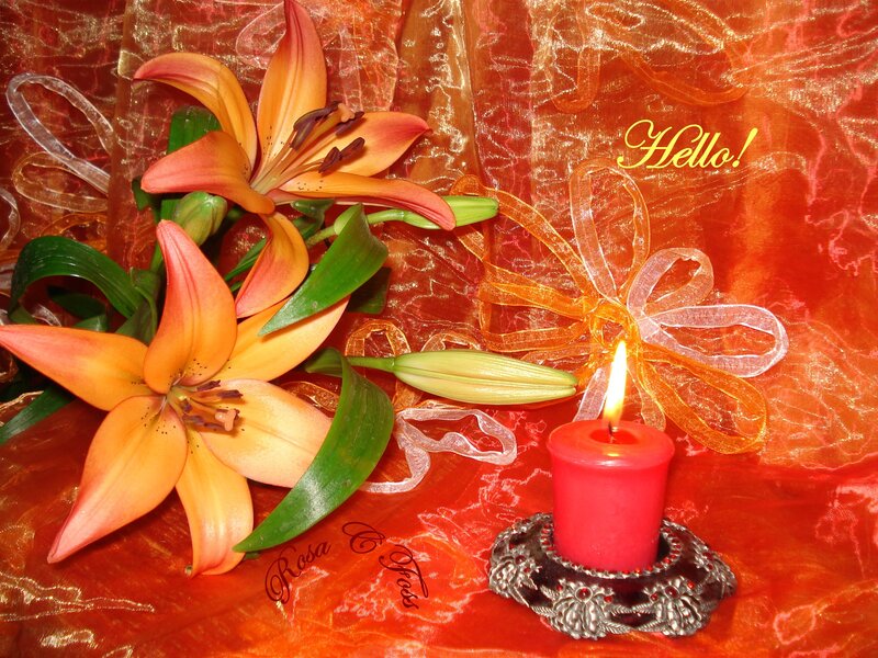 Lilies and candle on orange fabric