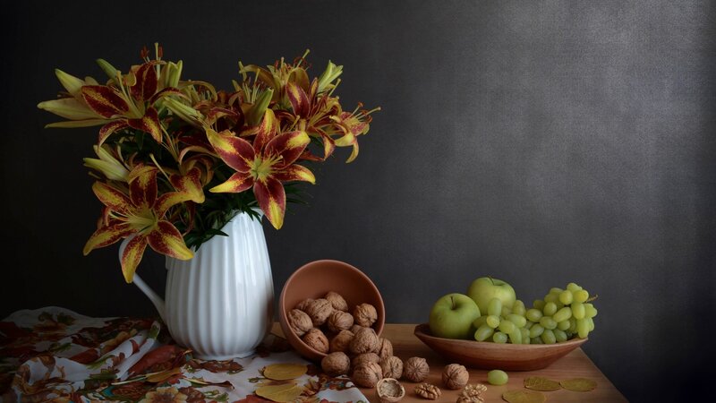 Lilies and Fruit on Table — White