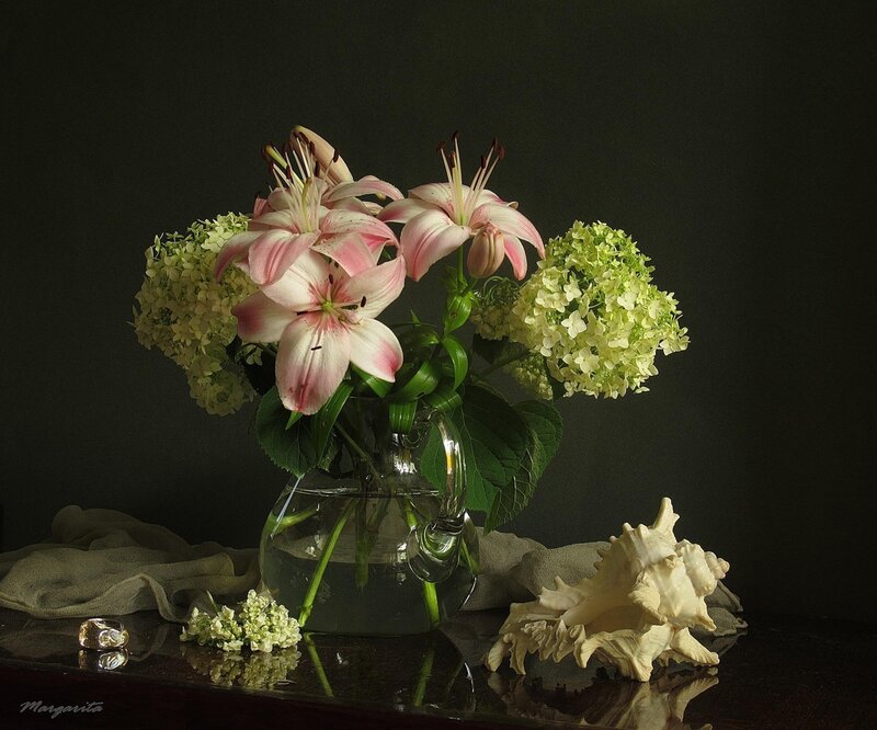 Lilies and Hydrangeas in Vase
