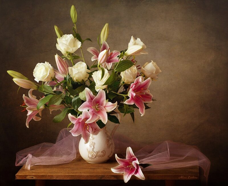 Lilies and Roses in Vase