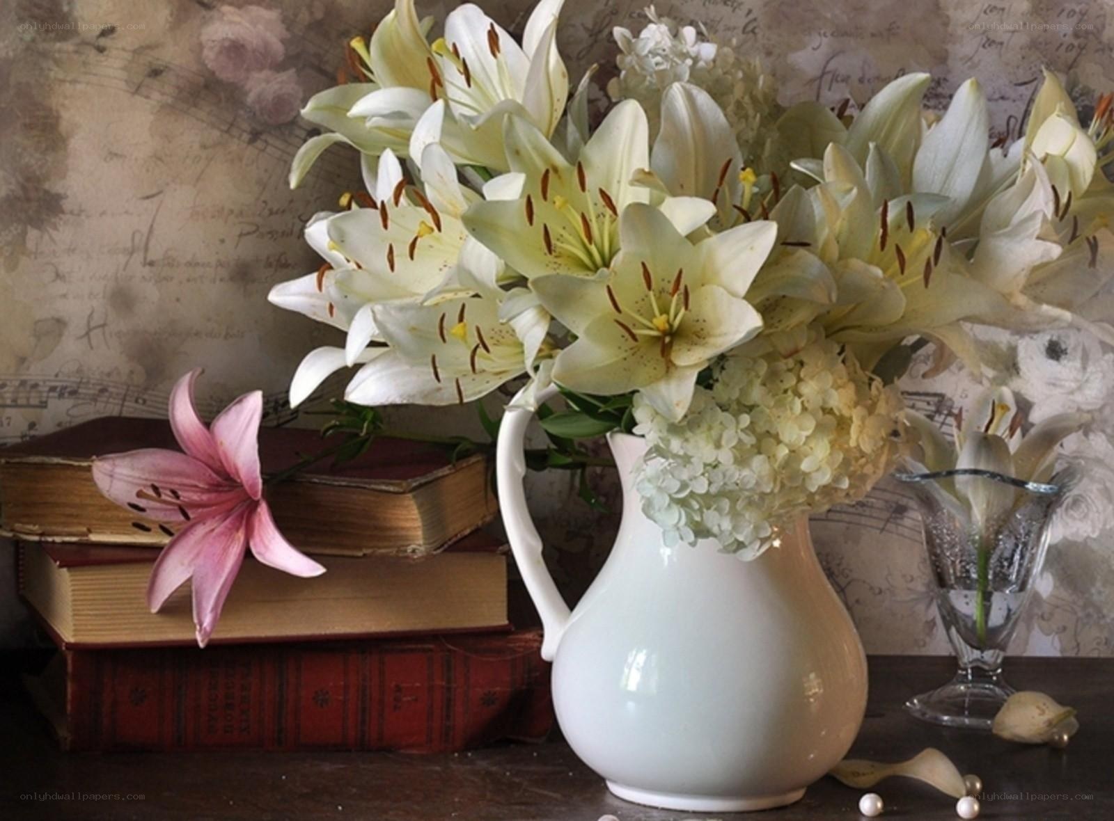 Lilies in a white pitcher