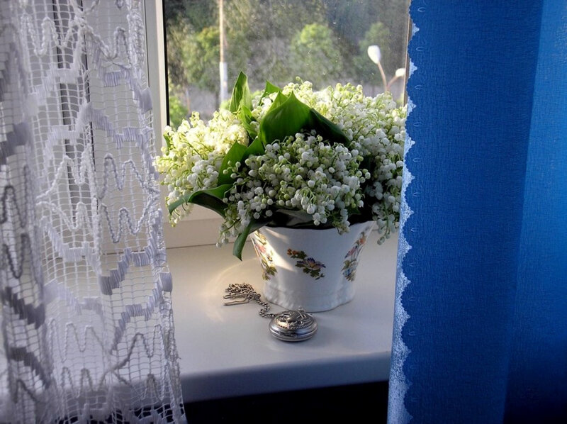 lilies of the valley on windowsill