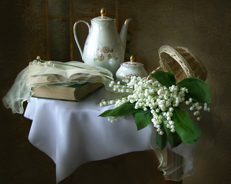 Lily of the Valley Bouquet — White, Serene, Photograph, Teapot