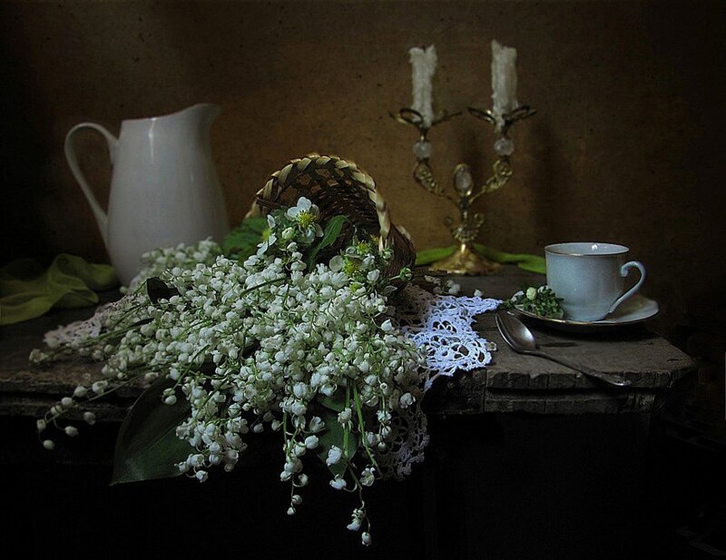 Lily of the Valley Flowers — White, Dramatic, Photograph, Pitcher