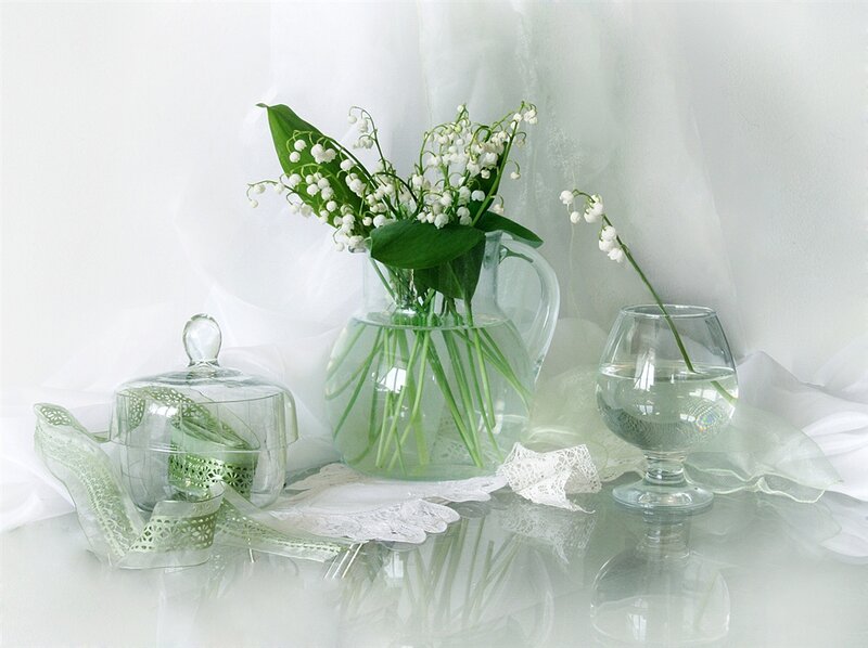 Lily of the Valley Flowers — White, Serene, Photograph, Glass Pitcher