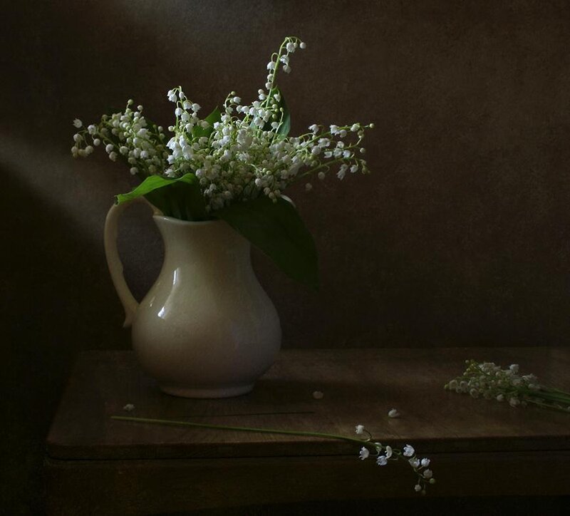 Lily of the Valley Flowers — White, Serene, Photograph, Vase, Wooden Table