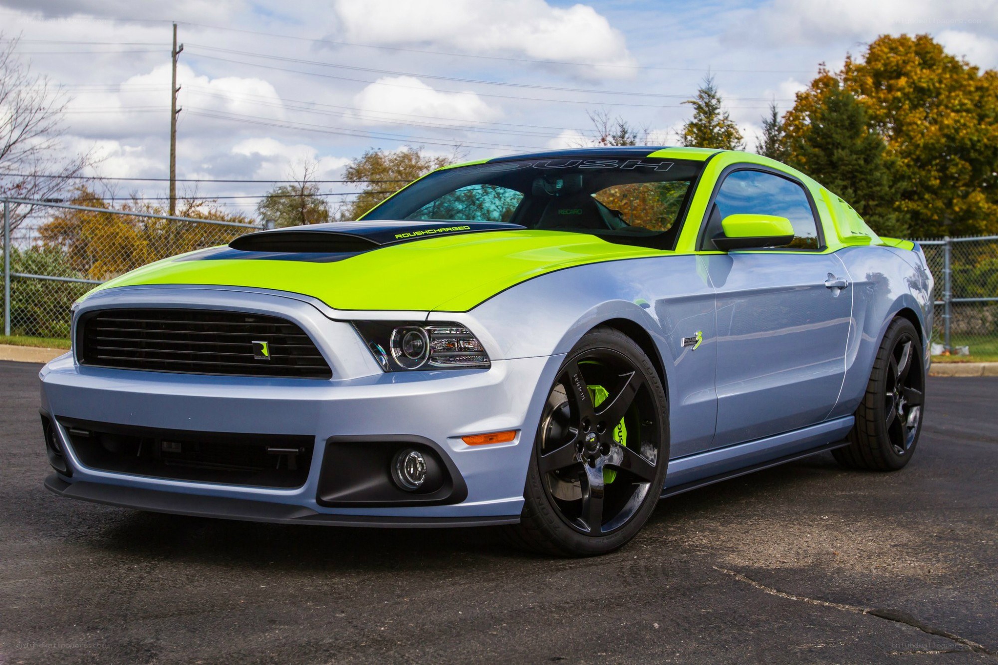 lime and blue Ford Mustang