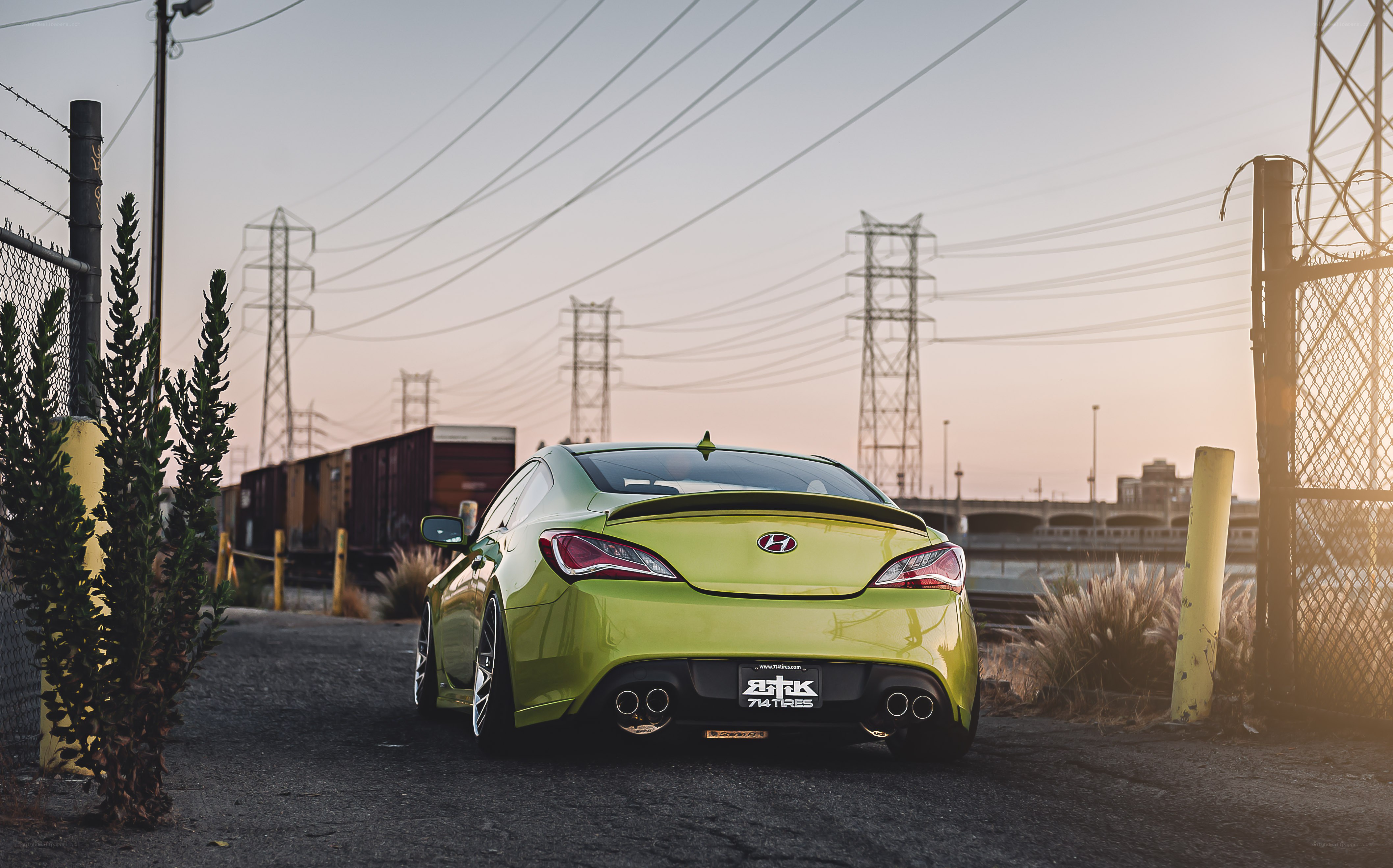lime green car at sunset