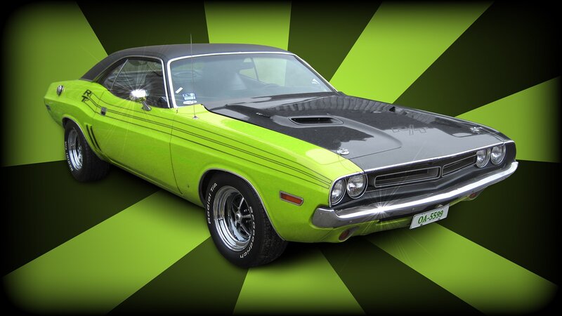 Lime Green Muscle Car — Lime Green, Dramatic, Photograph, Black Hood