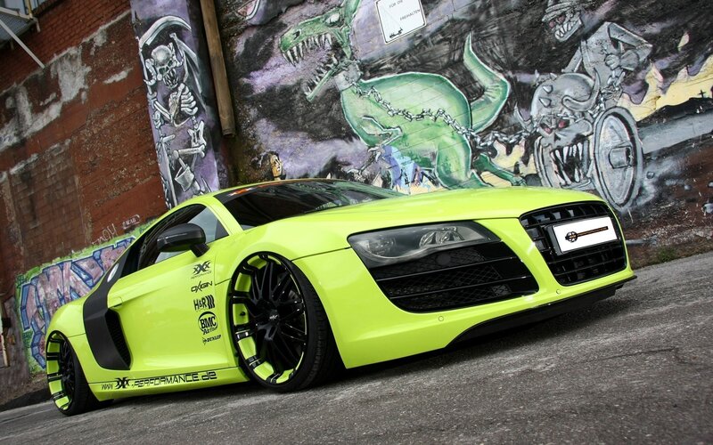 Lime Green Sports Car — Lime Green, Urban, Photograph, Graffiti Wall, Black Wheels, Sticker