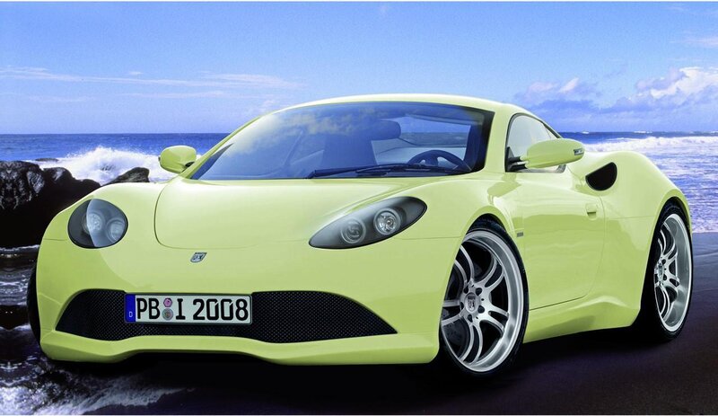 lime green sports car on beach
