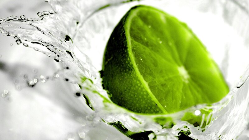 Lime Slice in Water — Green, Dynamic, Photograph, Splash, Glass, White