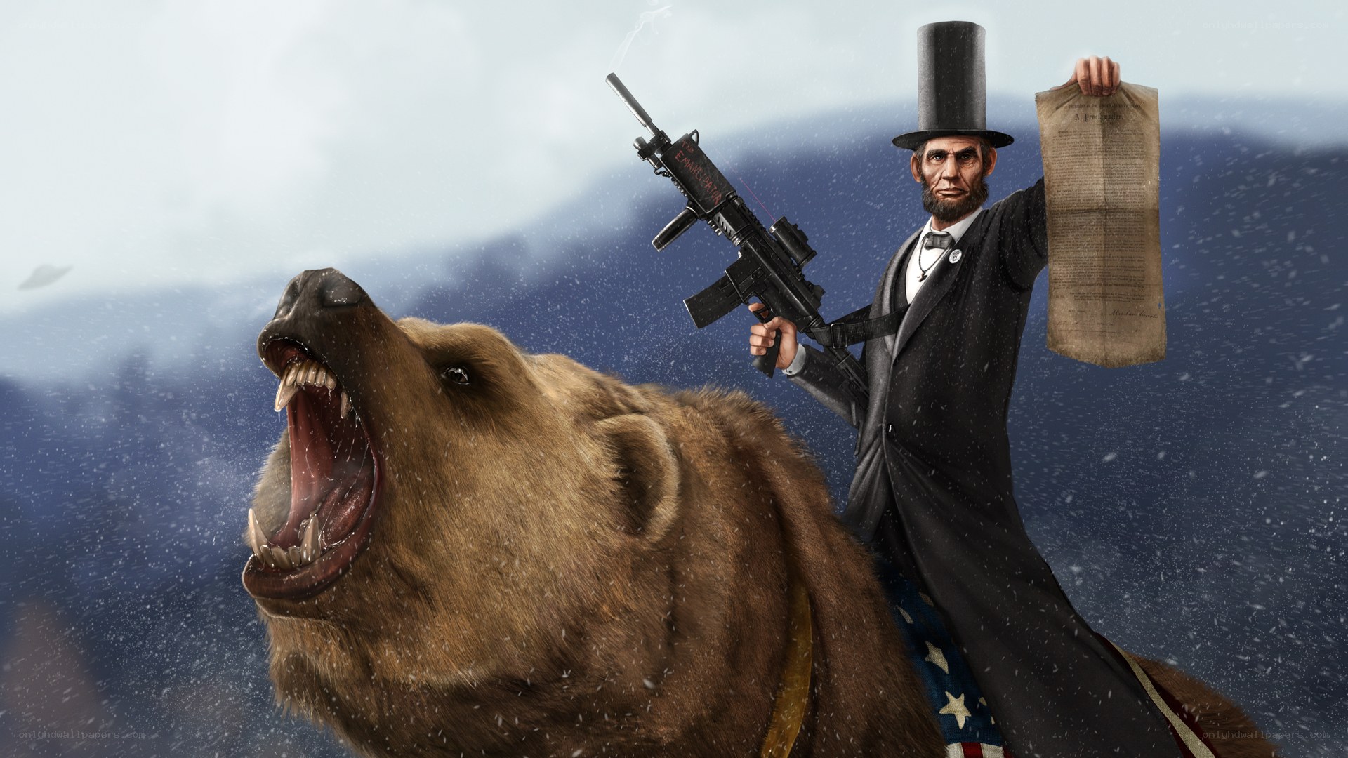 Lincoln on a bear with rifle