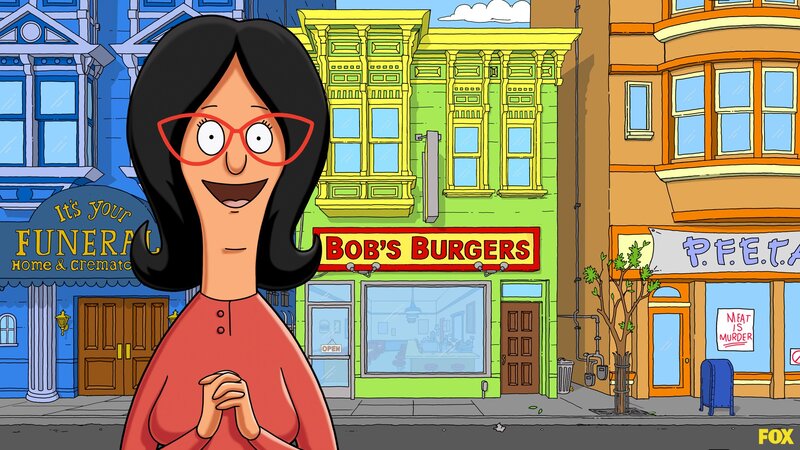 Linda Belcher in front of Bob's Burgers