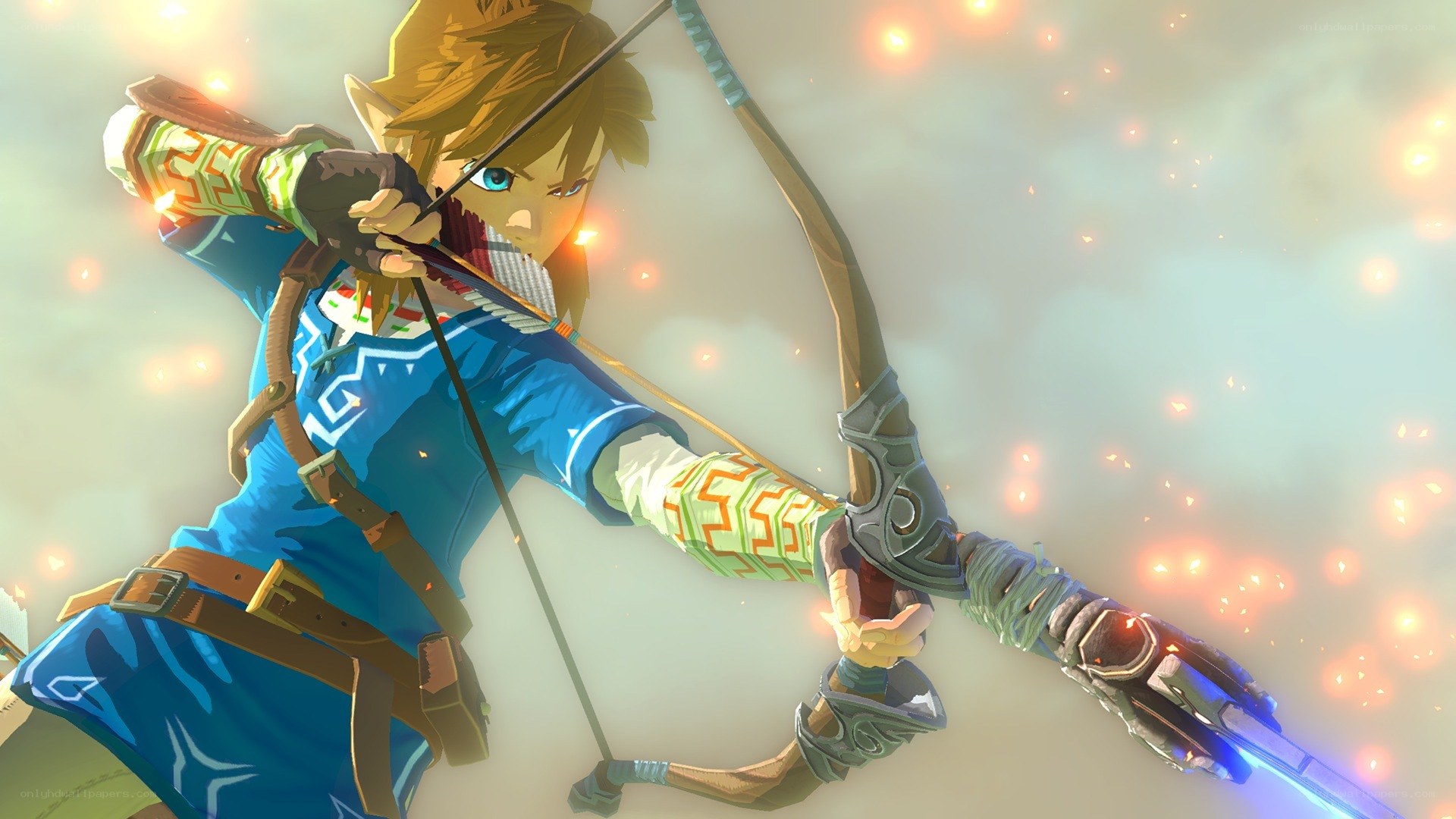 Link aiming a bow in sky