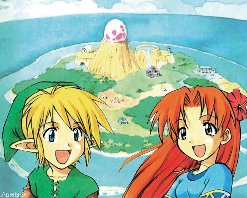 Link and Malon on a tropical island