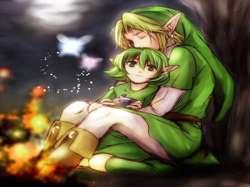 Link and Young Link by a campfire