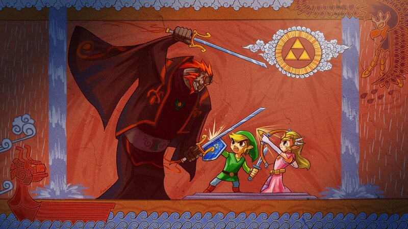 Link and Zelda Fighting Ganondorf — Red
