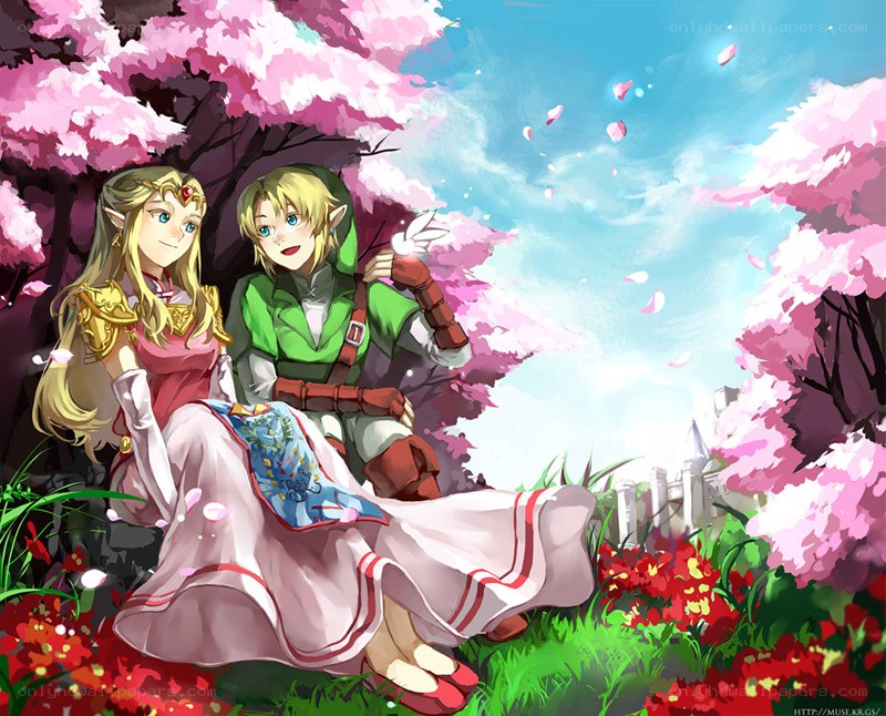 Link and Zelda in cherry blossoms