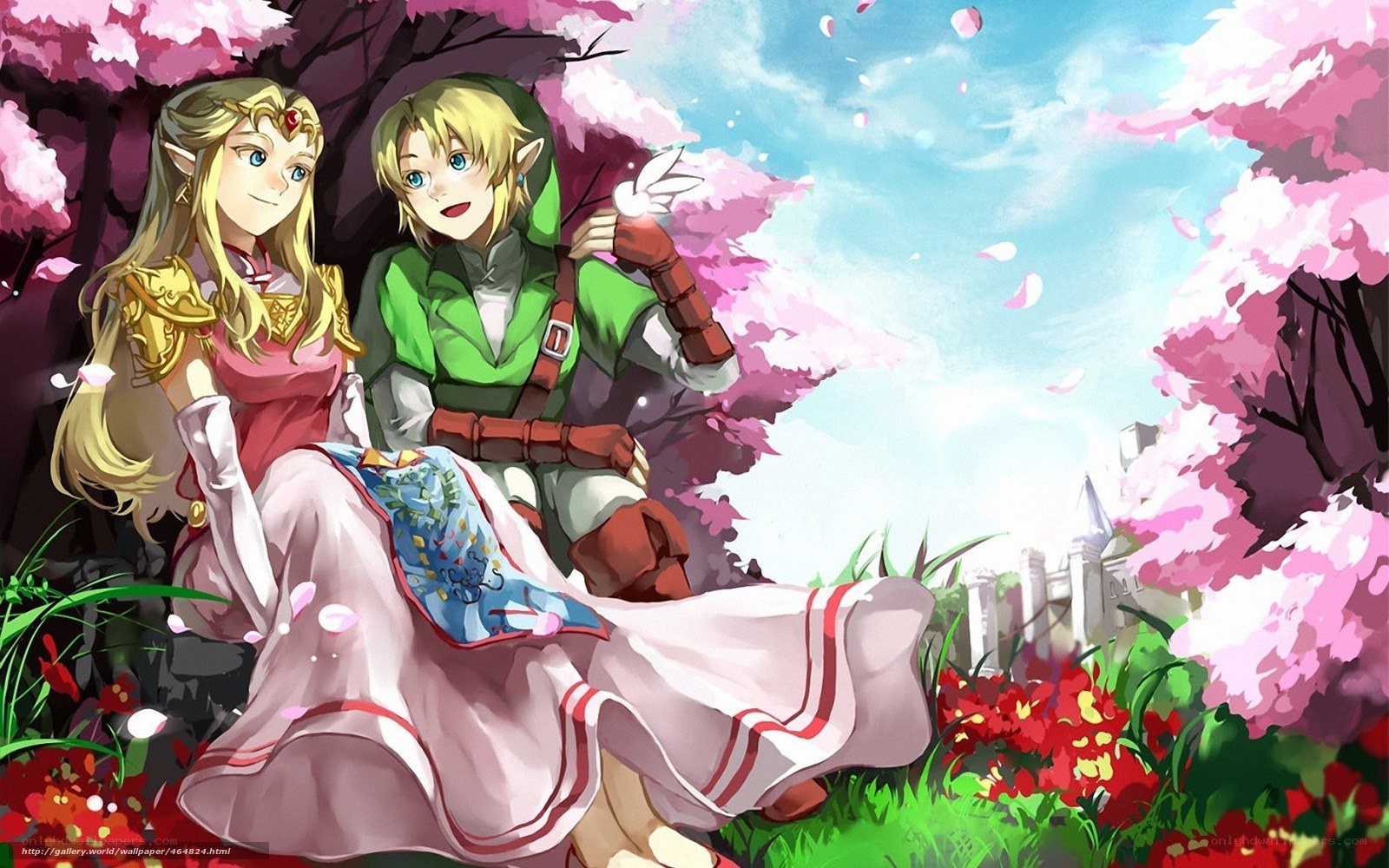 Link and Zelda in cherry blossoms