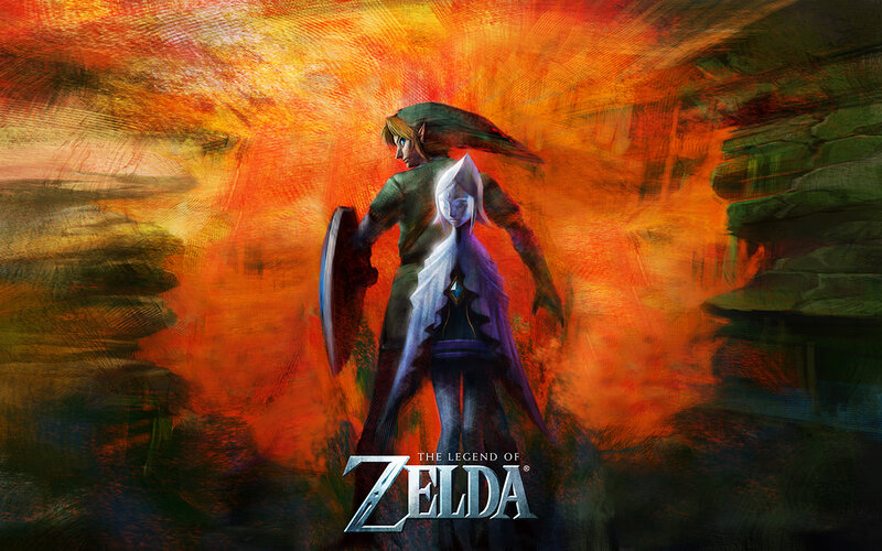 Link and Zelda in fiery landscape