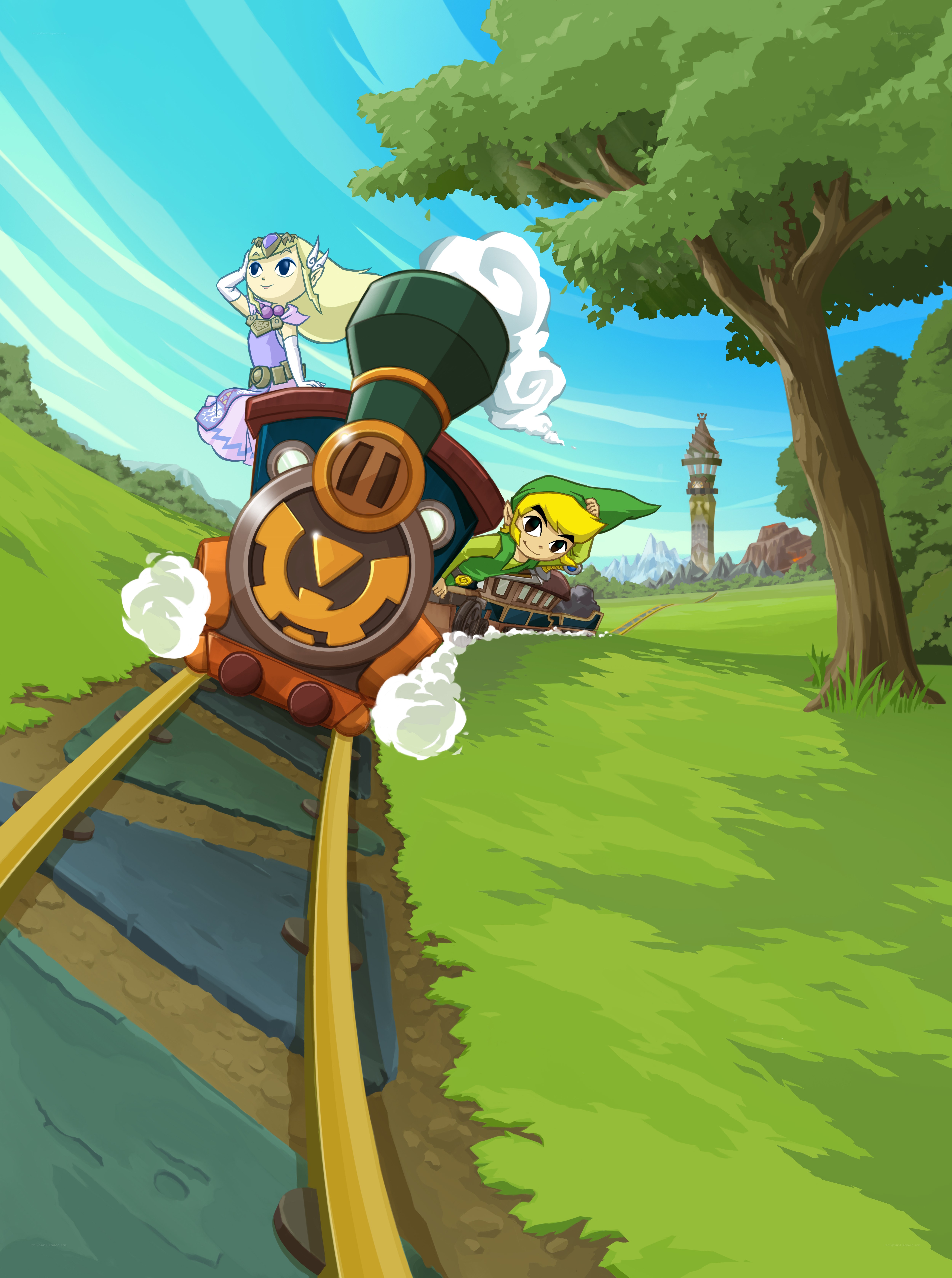 Link and Zelda on a train