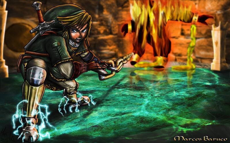 Link battles a fiery enemy