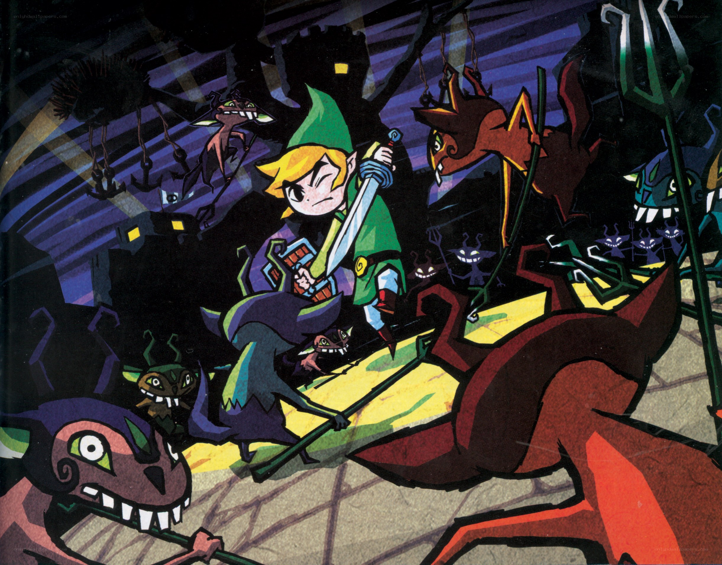 Link battles monsters in dark cave