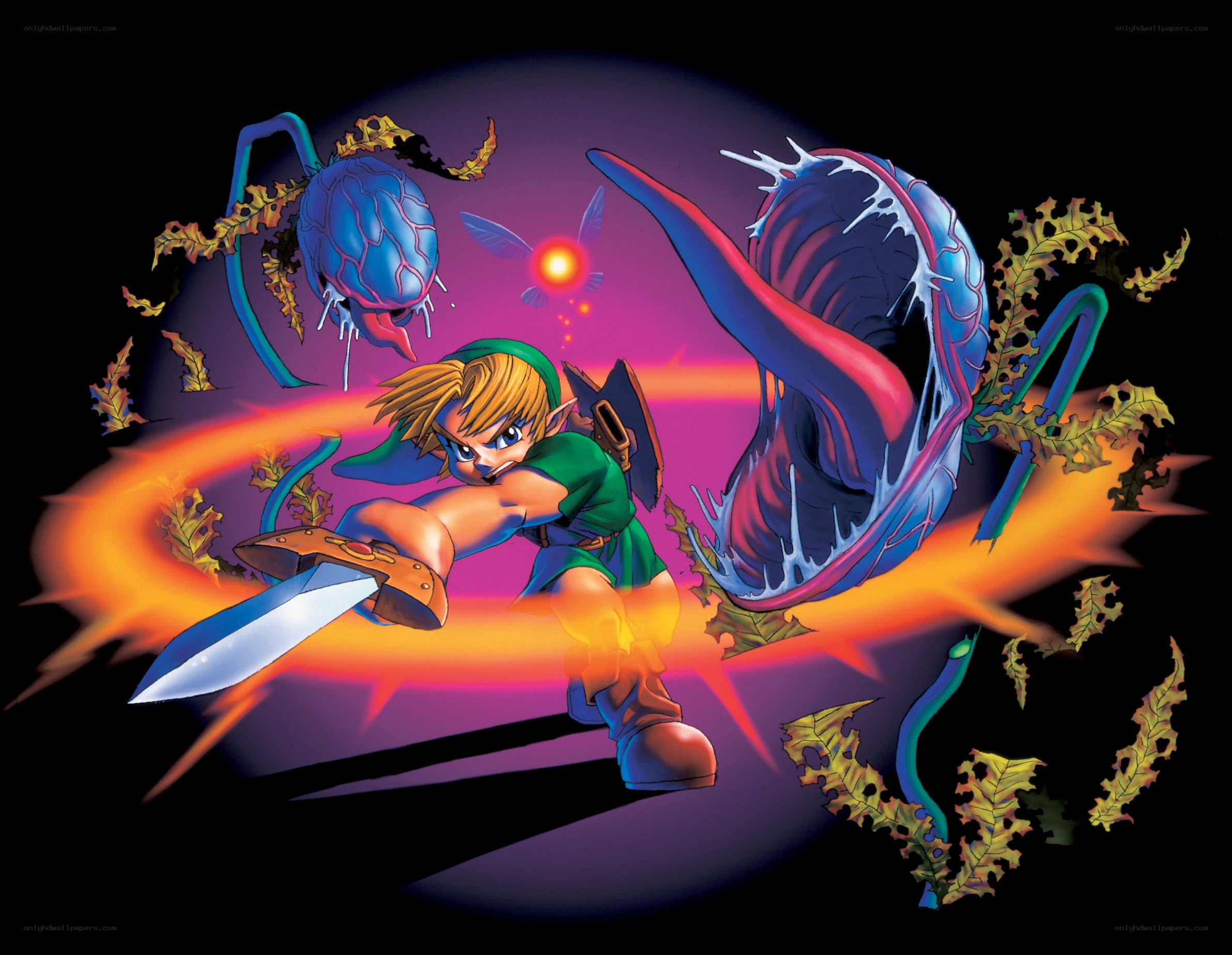 Link battles monsters in dark cave