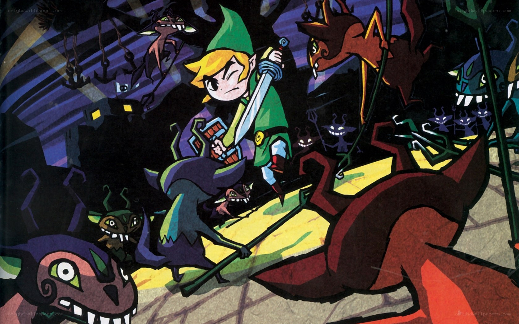 Link battles monsters in dark dungeon