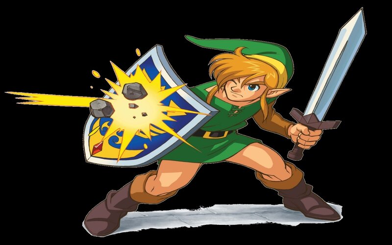 Link blocking a rock with shield